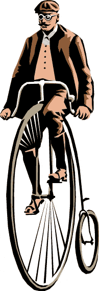 Graphic of a man on a penny farthing bicycle